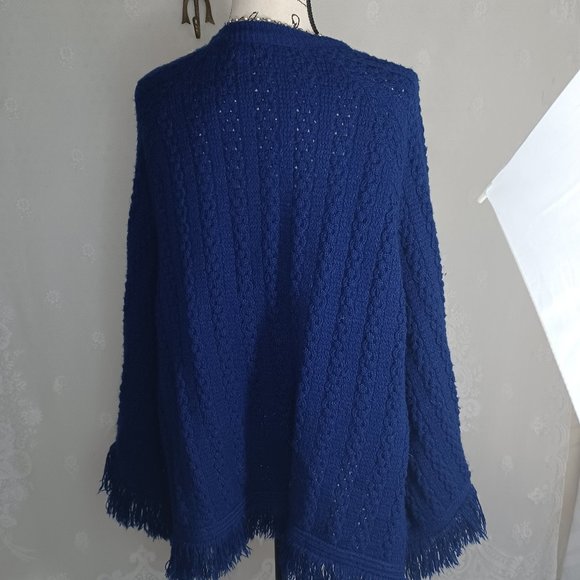 Vintage Dark Blue Acrylic Knit Button Up Fringe Poncho Cape S/M - Picture 6 of 8
